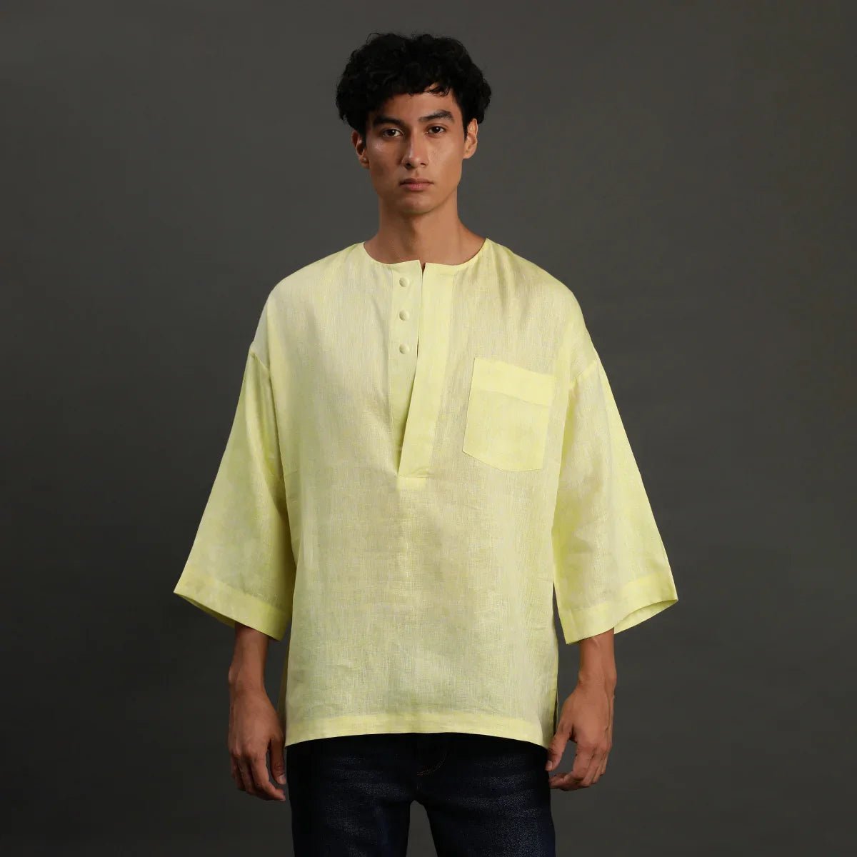 Lime yellow linen short kurta   byb premium