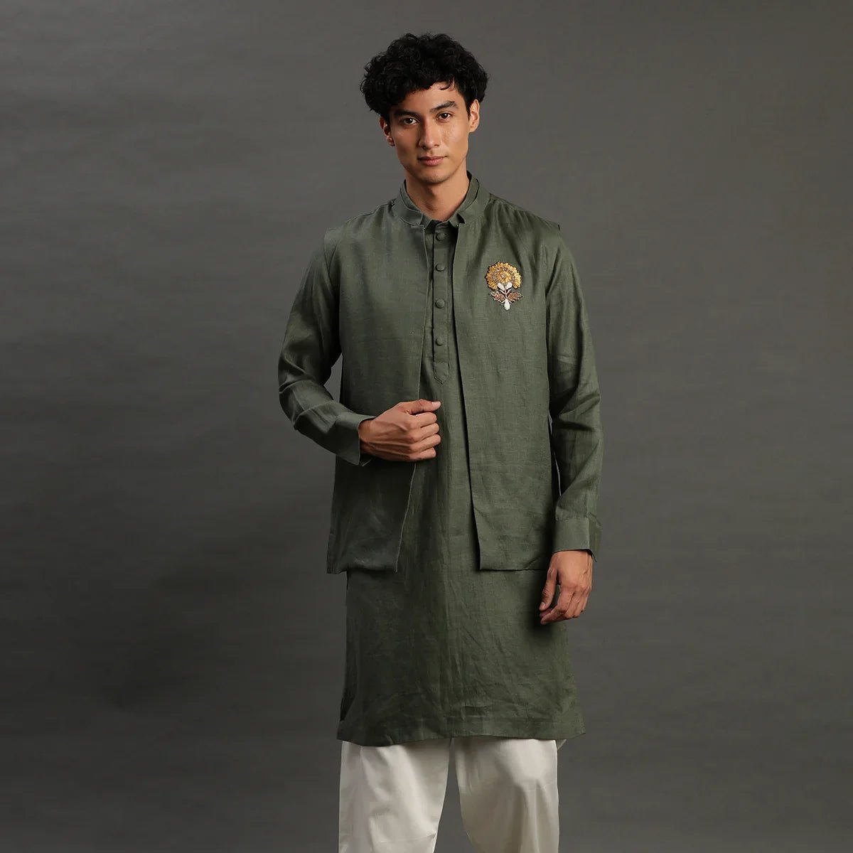Men olive green kurta jacket set – festive & wedding wear   byb premium