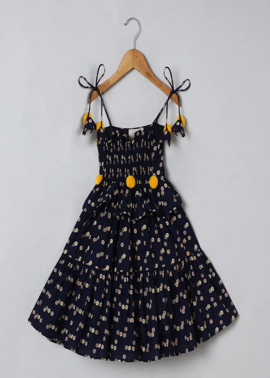 Navy Floral Linen Strap Dress - BYB PREMIUM