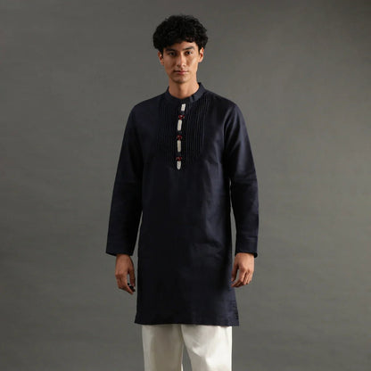 Navy Pintuck Linen Kurta Pyjama Set for Men - BYB PREMIUM