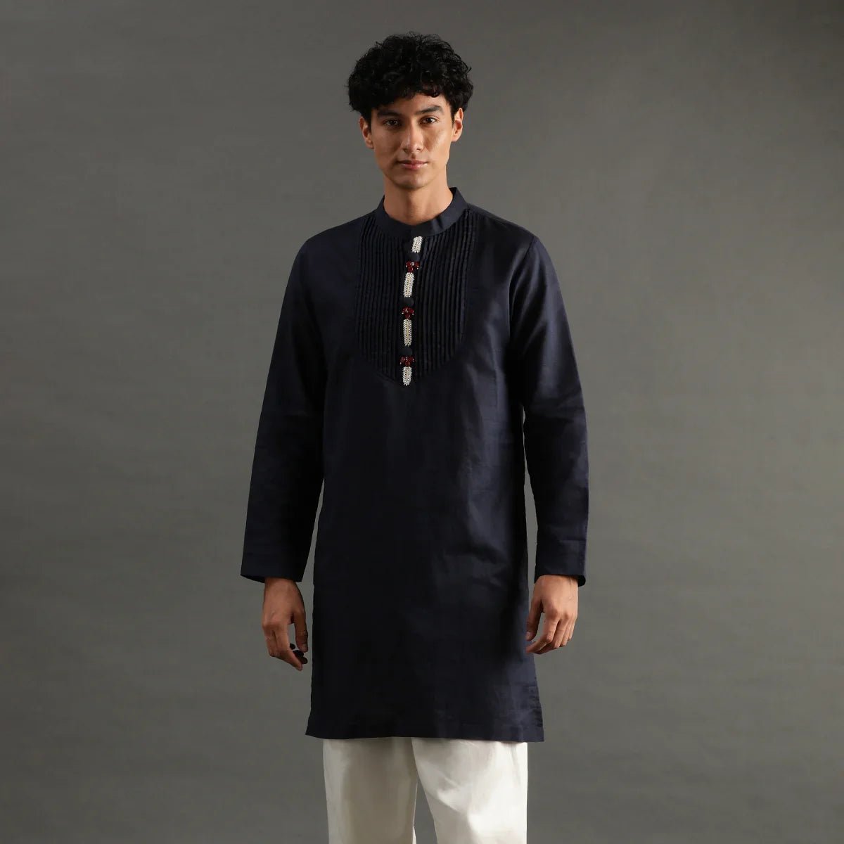 Navy pintuck linen kurta pyjama set for men   byb premium