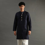 Load image into Gallery viewer, Navy Pintuck Linen Kurta Pyjama Set for Men - BYB PREMIUM
