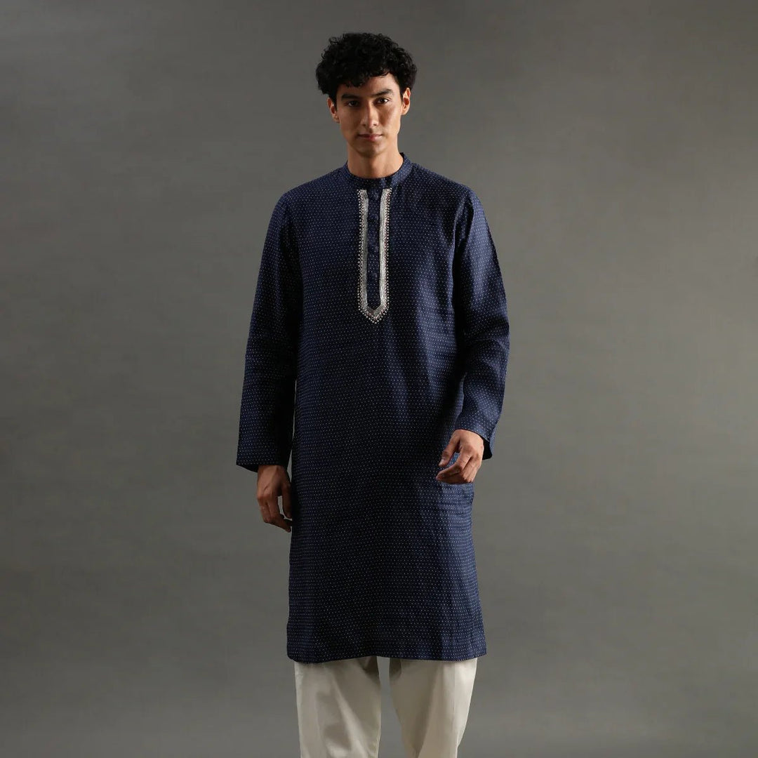 Navy Polka Dot Linen Kurta Pyjama Set for Men - BYB PREMIUM