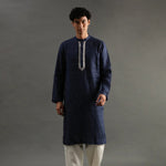 Load image into Gallery viewer, Navy Polka Dot Linen Kurta Pyjama Set for Men - BYB PREMIUM
