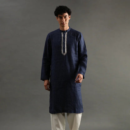 Navy Polka Dot Linen Kurta Pyjama Set for Men - BYB PREMIUM