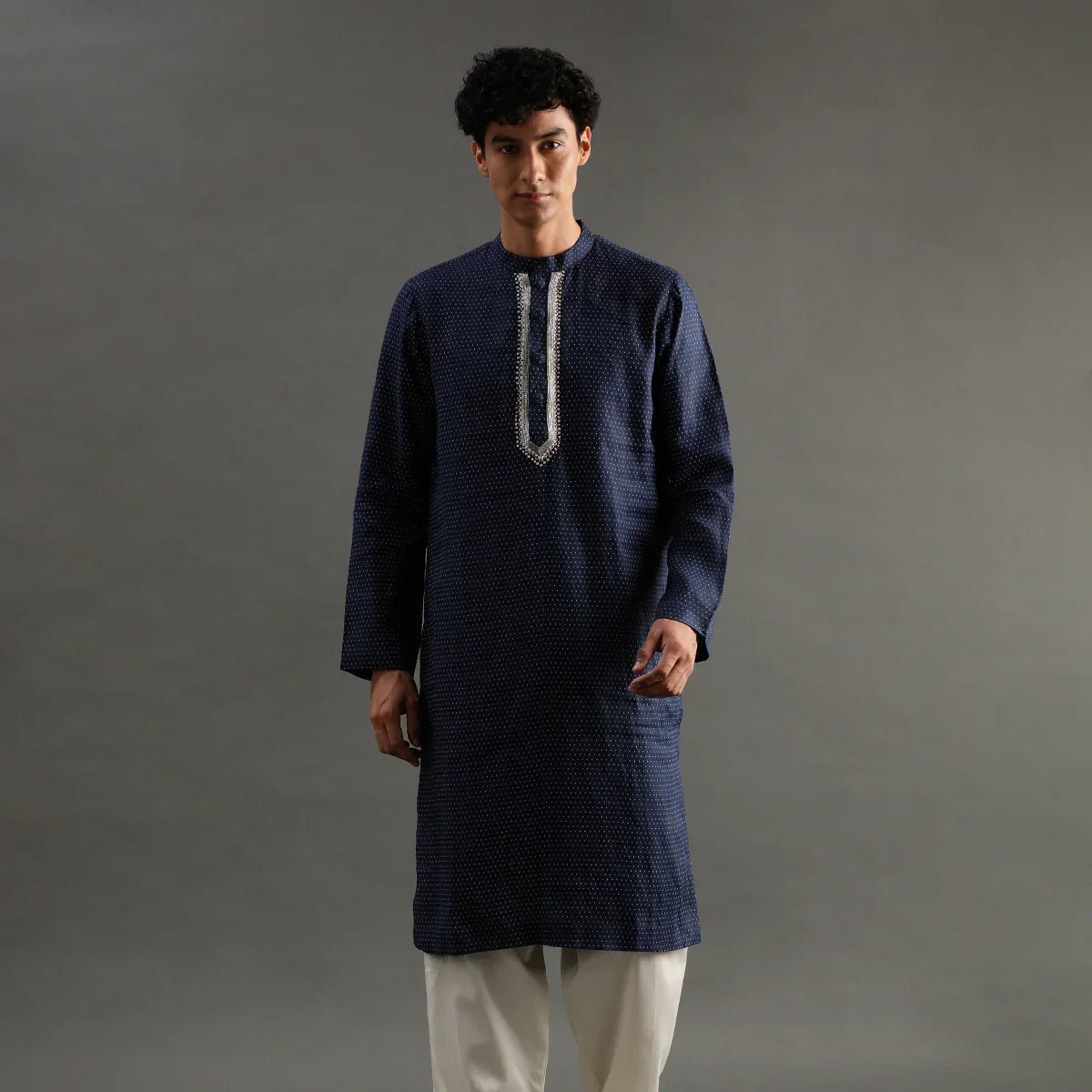 Navy polka dot linen kurta pyjama set for men   byb premium