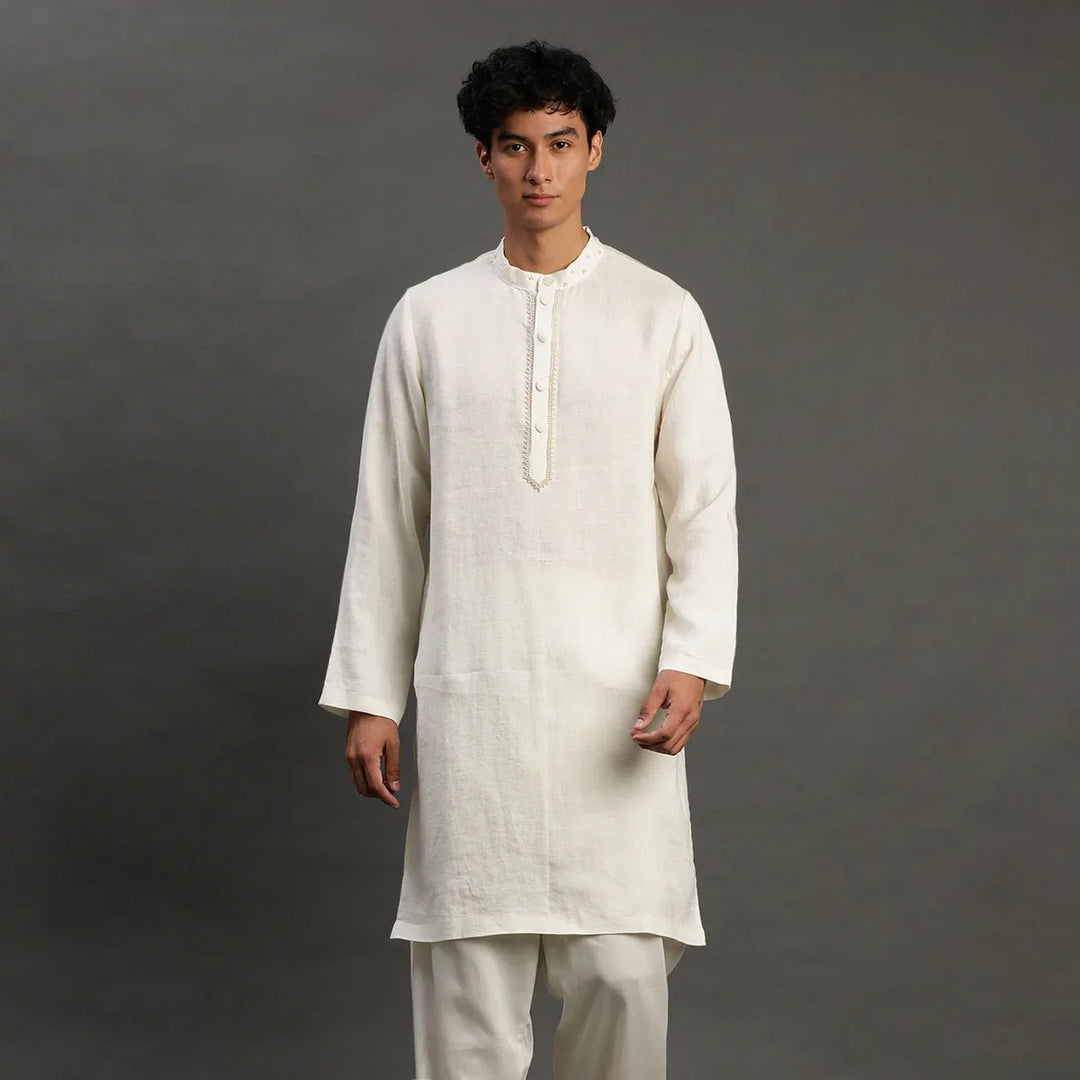 Off - White Linen Kurta Pyjama Set for Men - BYB PREMIUM