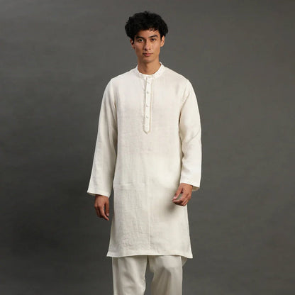 Off - White Linen Kurta Pyjama Set for Men - BYB PREMIUM