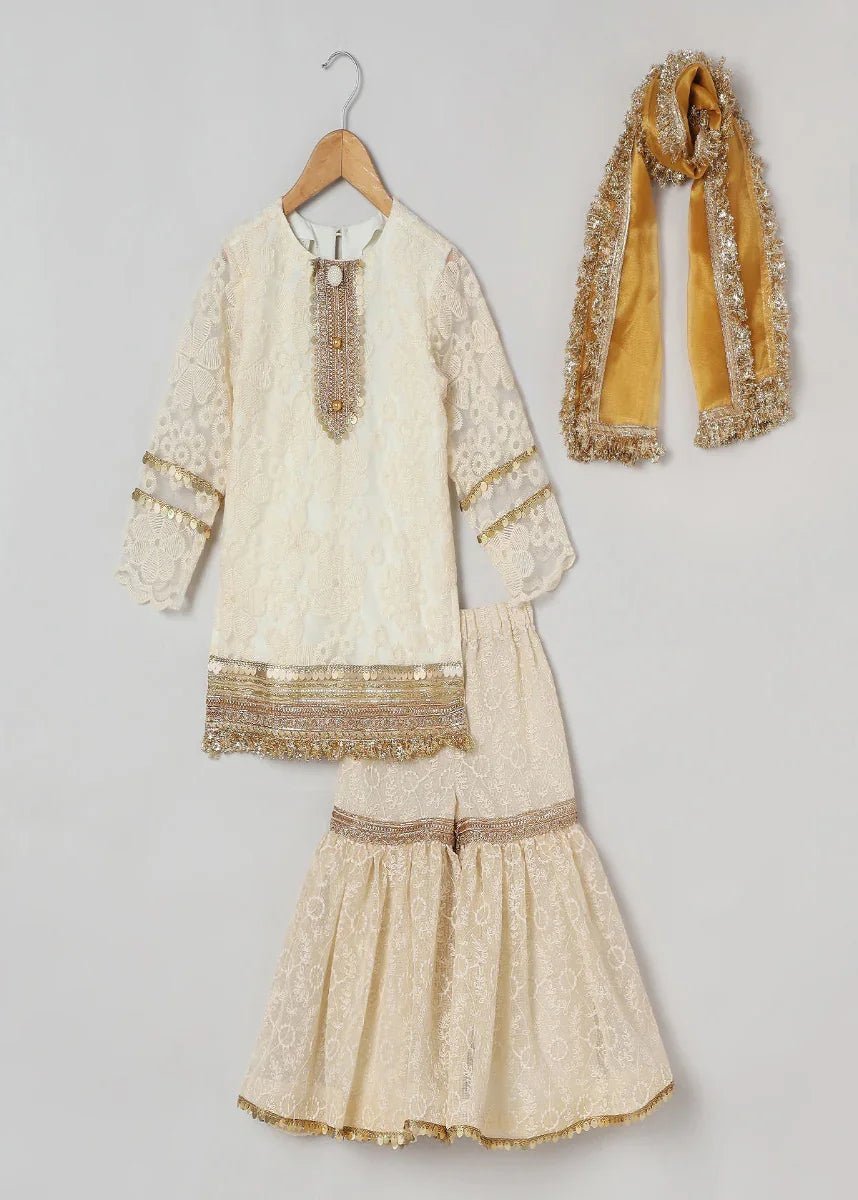 Off White Organza Kurta Sharara Set for Girls with Mustard Dupatta - BYB PREMIUM