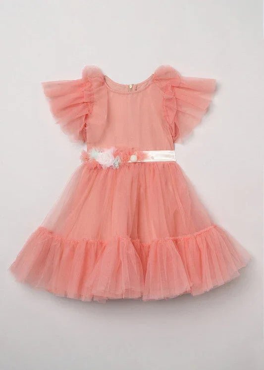 Peach Blossom Tulle Dress with Floral & Pearl Detailing - BYB PREMIUM