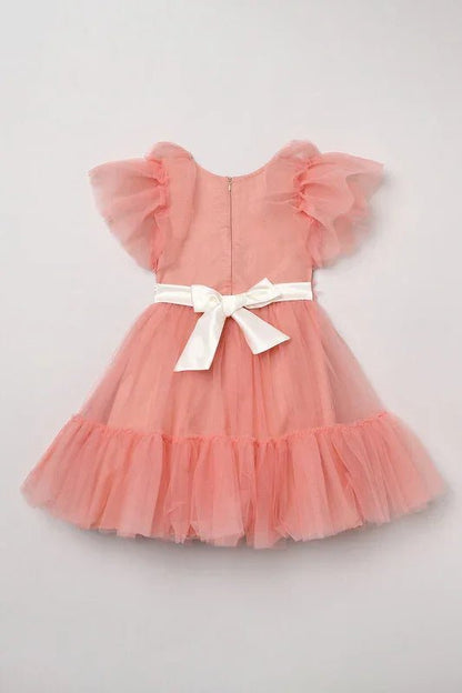Peach Blossom Tulle Dress with Floral & Pearl Detailing - BYB PREMIUM