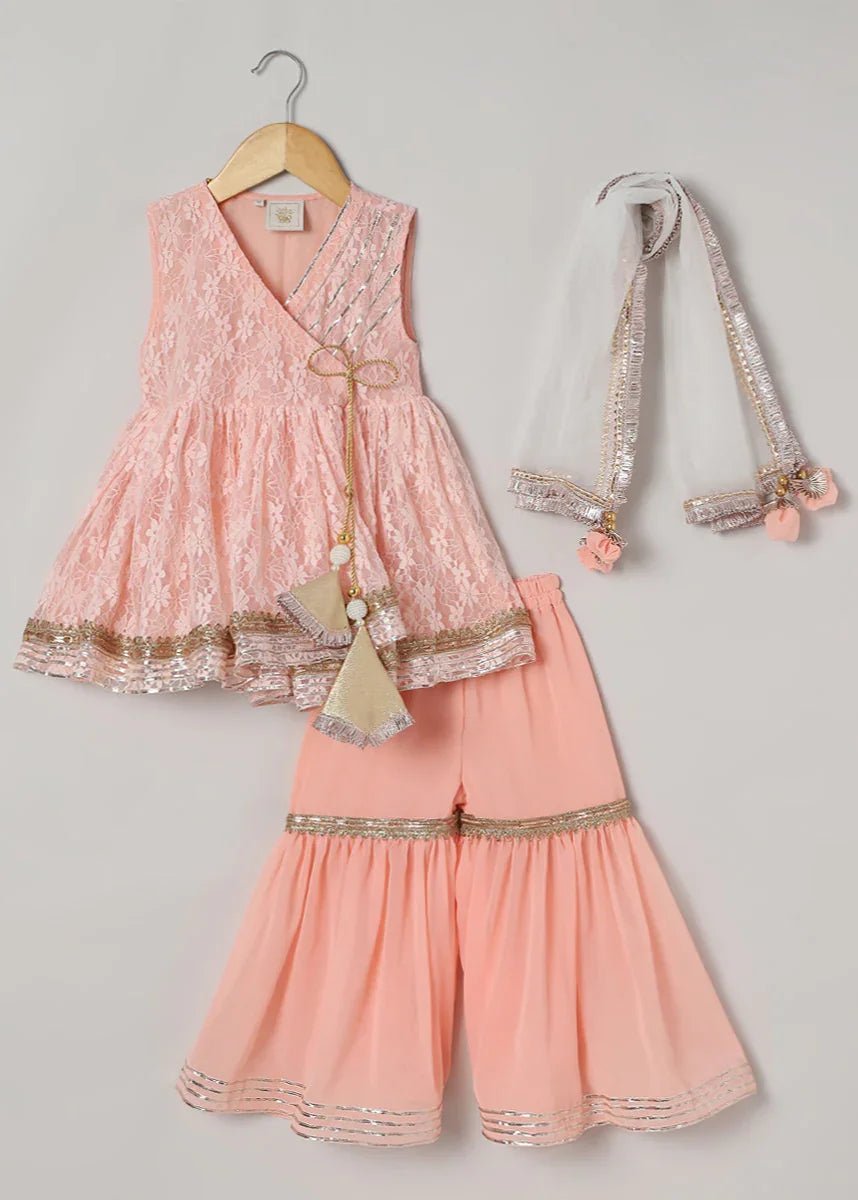 Peach kaftan kurta sharara set with embroidery & tassel dupatta   byb premium