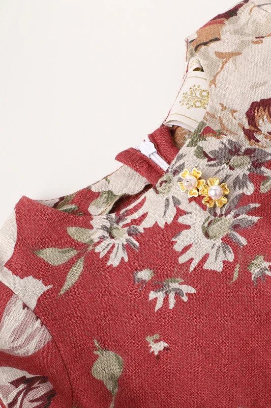 Red blossom floral cotton dress with ruffled hem for girls   byb premium