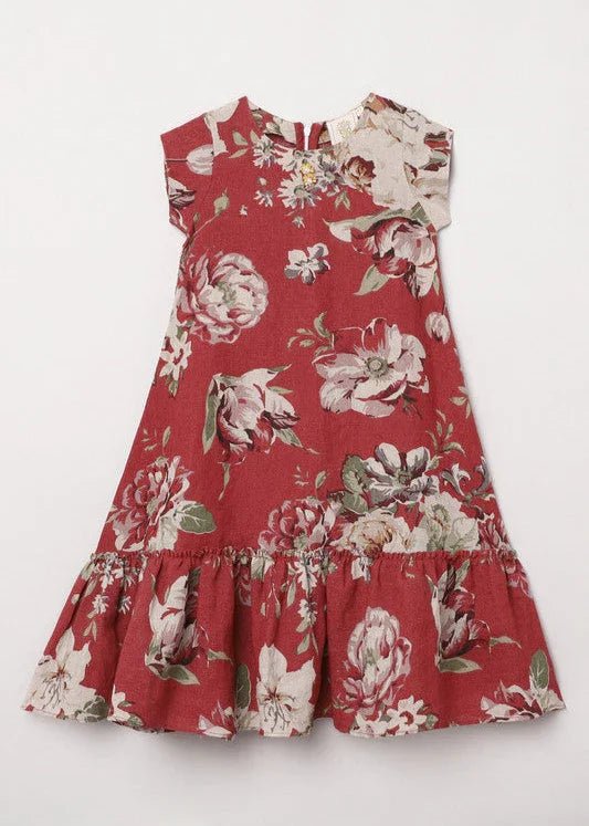 Red Blossom Floral Cotton Dress with Ruffled Hem for Girls - BYB PREMIUM