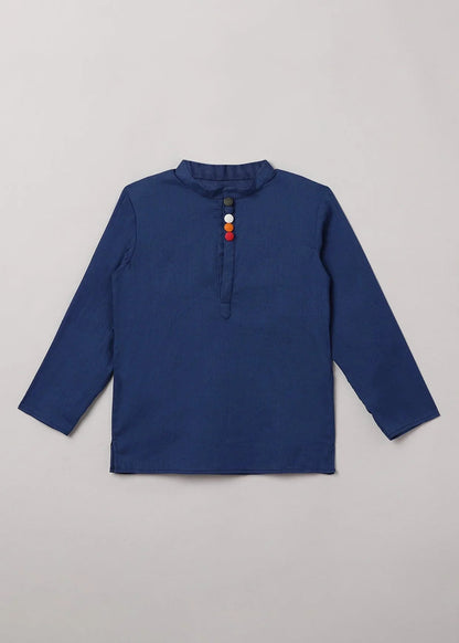 Royal Blue Cotton - Linen Short Kurta with Mandarin Collar - BYB PREMIUM