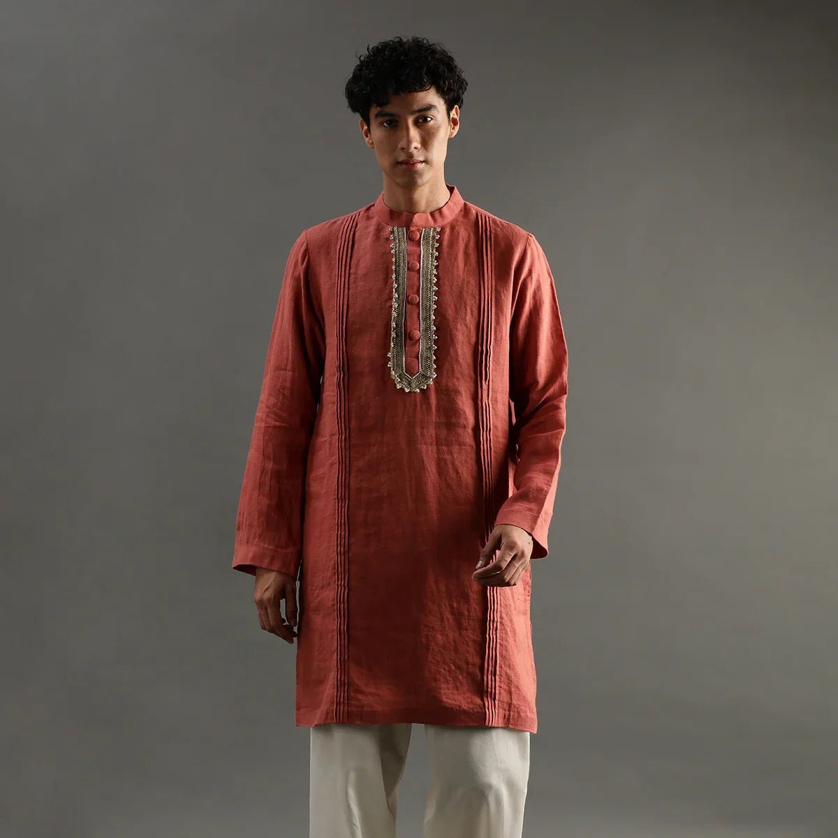 Rust linen kurta pyjama set with hand embroidery   byb premium