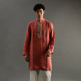 Rust Linen Kurta Pyjama Set with Hand Embroidery - BYB PREMIUM