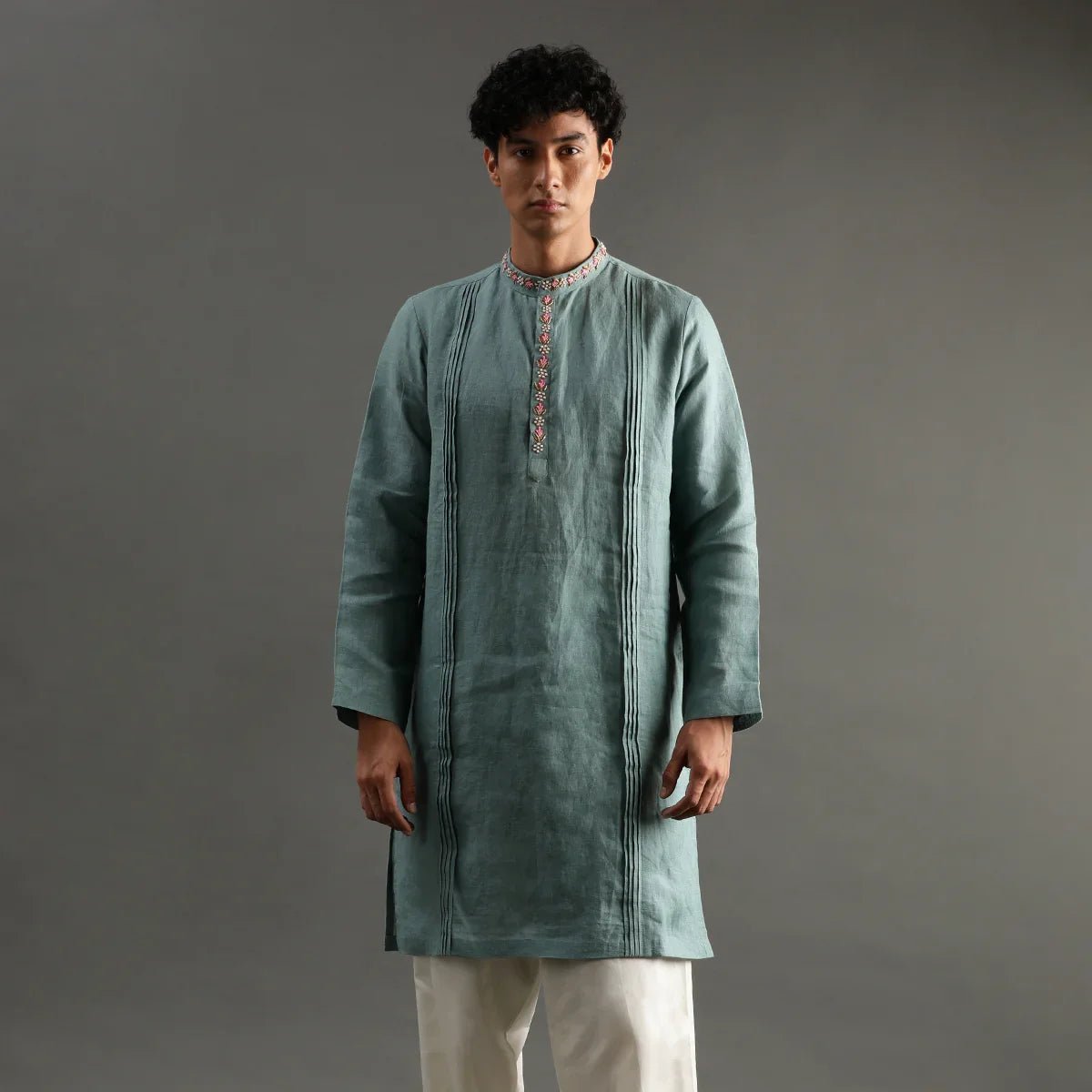 Sage green linen kurta pyjama set with hand embroidery   byb premium