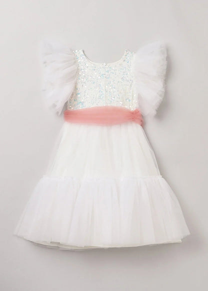 White Dress with Pastel Pink Sash and Velvet Sequin Detailing - BYB PREMIUM